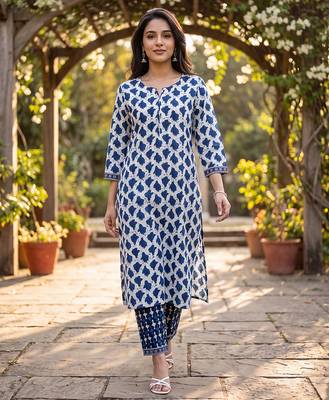 Women's white cotton abstract printed kurta and trouser set | trendy ethnic wear for women | stylish casual & festive 1