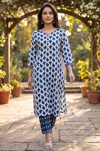 Women's white cotton abstract printed kurta and trouser set | trendy ethnic wear for women | stylish casual & festive