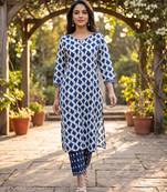Women's white cotton abstract printed kurta and trouser set | trendy ethnic wear for women | stylish casual & festive