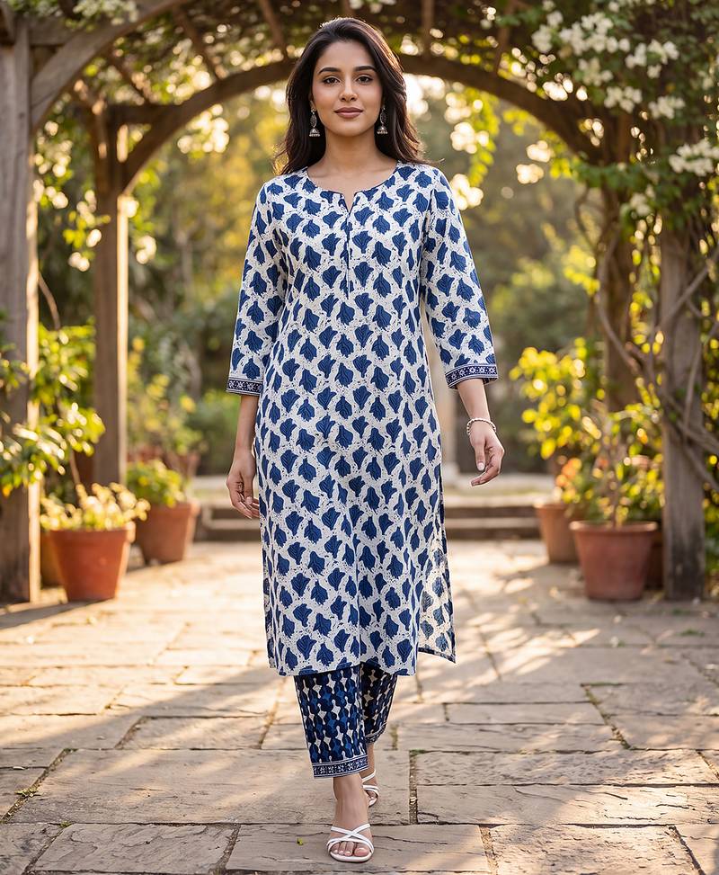 Women's white cotton abstract printed kurta and trouser set | trendy ethnic wear for women | stylish casual & festive