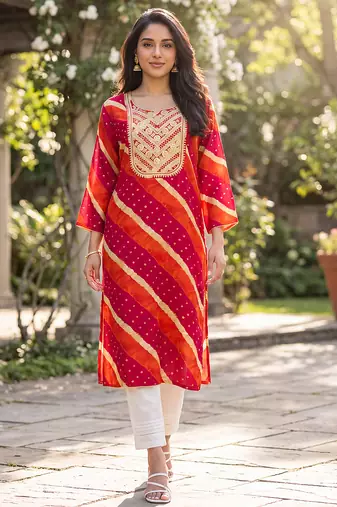 Women's multicolor rayon leheriya printed kurta | elegant ethnic wear kurti | trendy casual & festive wear for women