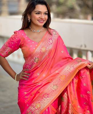 Peach woven design zari banarasi saree with matching blouse piece 4