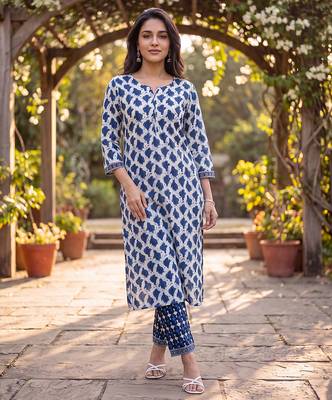Women's white cotton abstract printed kurta and trouser set | trendy ethnic wear for women | stylish casual & festive 2