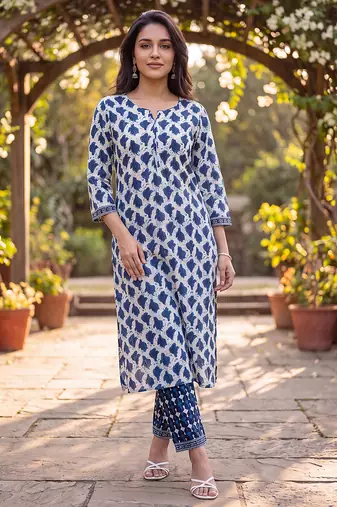 Women's white cotton abstract printed kurta and trouser set | trendy ethnic wear for women | stylish casual & festive