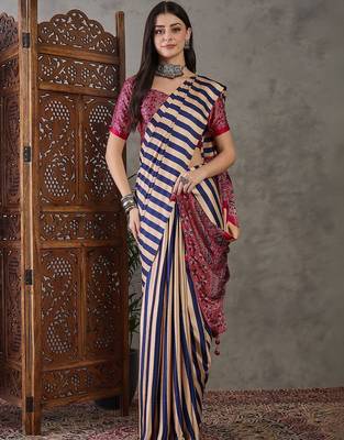 Blue striped silk blend designer saree 1
