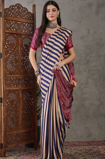 Blue striped silk blend designer saree