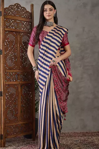 Blue striped silk blend designer saree