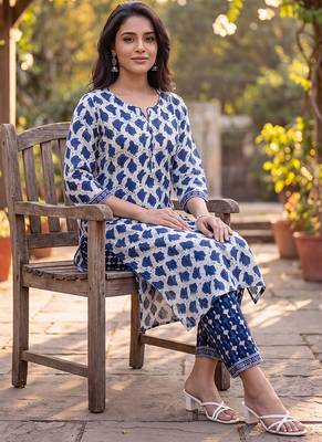 Women's white cotton abstract printed kurta and trouser set | trendy ethnic wear for women | stylish casual & festive 3