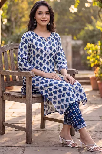 Women's white cotton abstract printed kurta and trouser set | trendy ethnic wear for women | stylish casual & festive