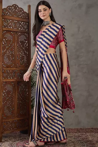 Blue striped silk blend designer saree