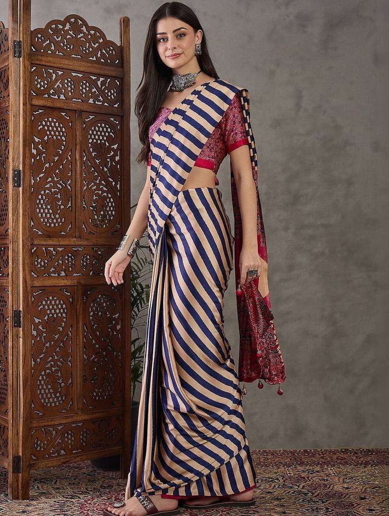 Blue striped silk blend designer saree