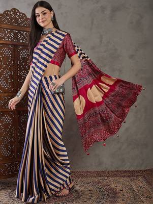 Blue striped silk blend designer saree 3