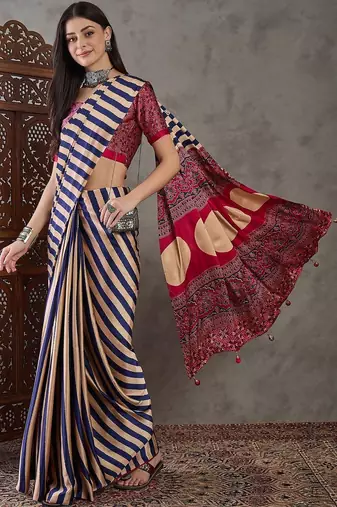 Blue striped silk blend designer saree