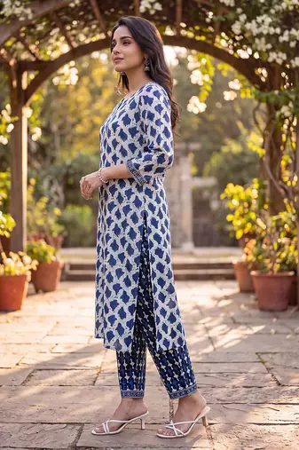 Women's white cotton abstract printed kurta and trouser set | trendy ethnic wear for women | stylish casual & festive