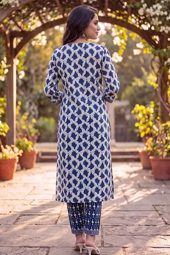 Women's white cotton abstract printed kurta and trouser set | trendy ethnic wear for women | stylish casual & festive
