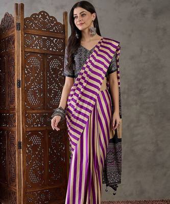 Purple striped silk blend saree 1