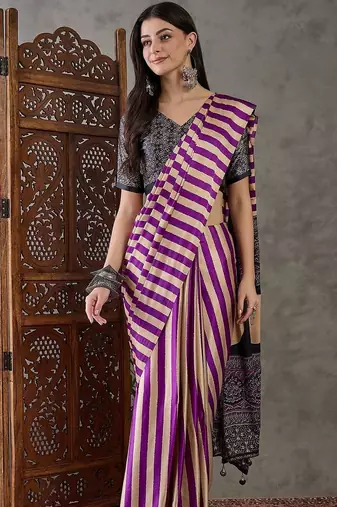 Purple striped silk blend saree