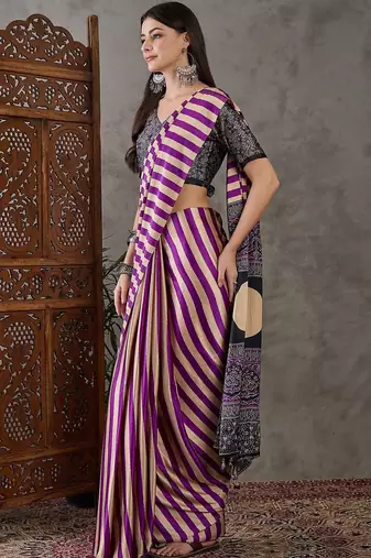 Purple striped silk blend saree