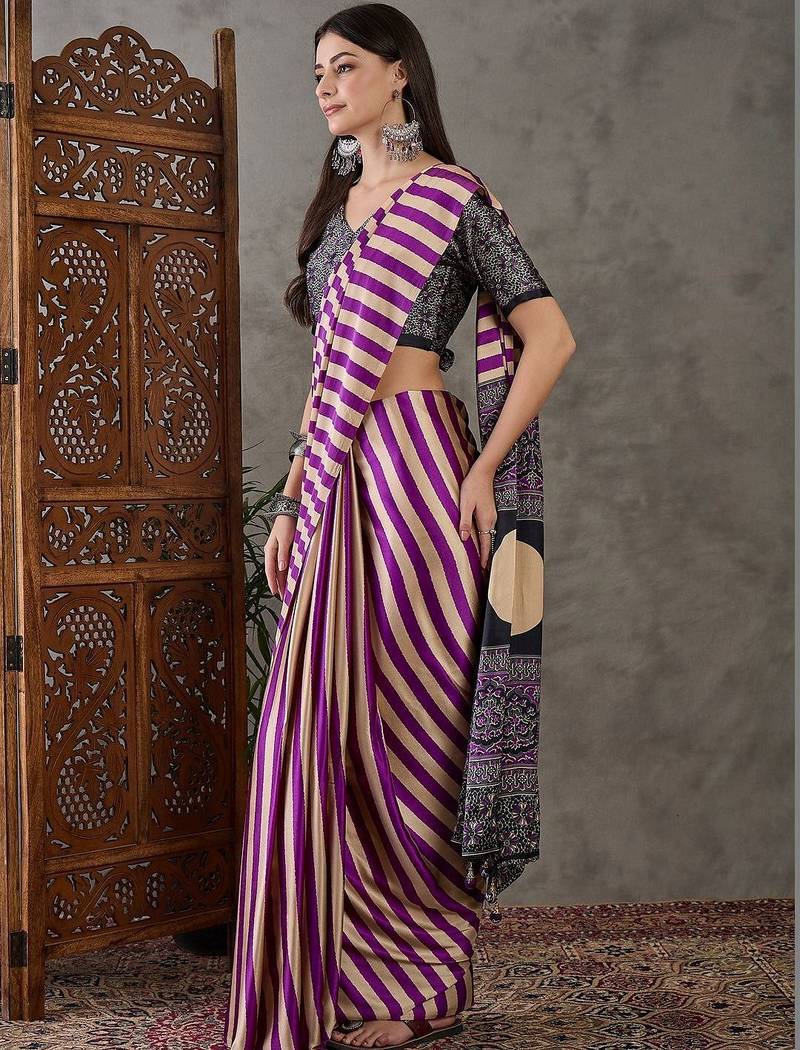 Purple striped silk blend saree