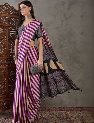 Purple striped silk blend saree 3