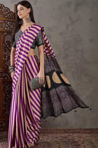 Purple striped silk blend saree