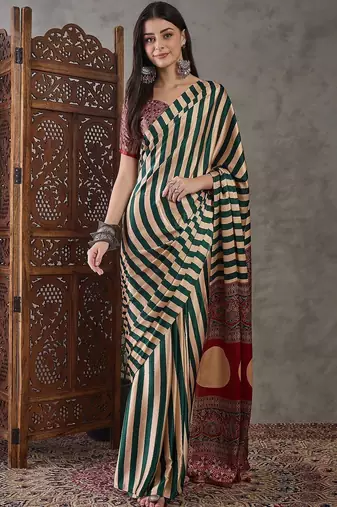 Green striped silk blend designer saree