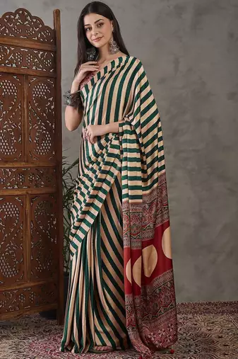 Green striped silk blend designer saree