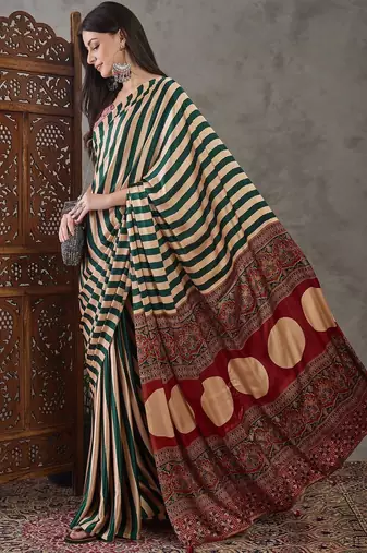 Green striped silk blend designer saree