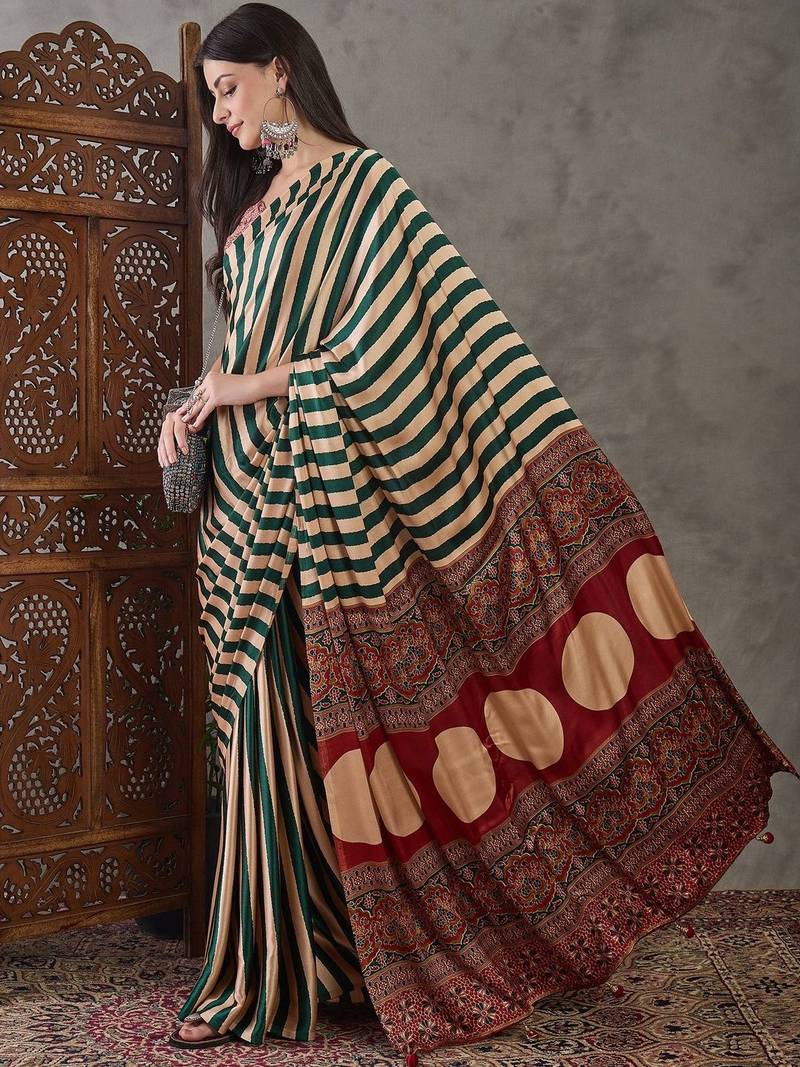 Green striped silk blend designer saree