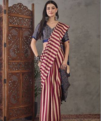Pink striped silk blend saree 1