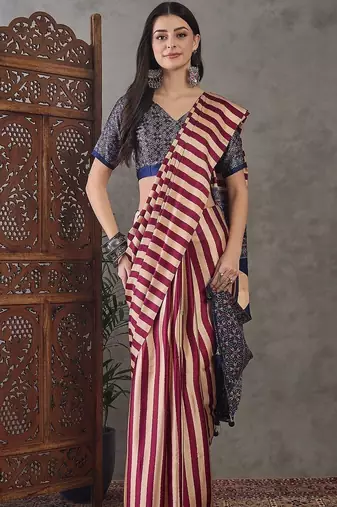 Pink striped silk blend saree