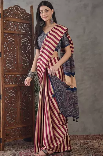 Pink striped silk blend saree