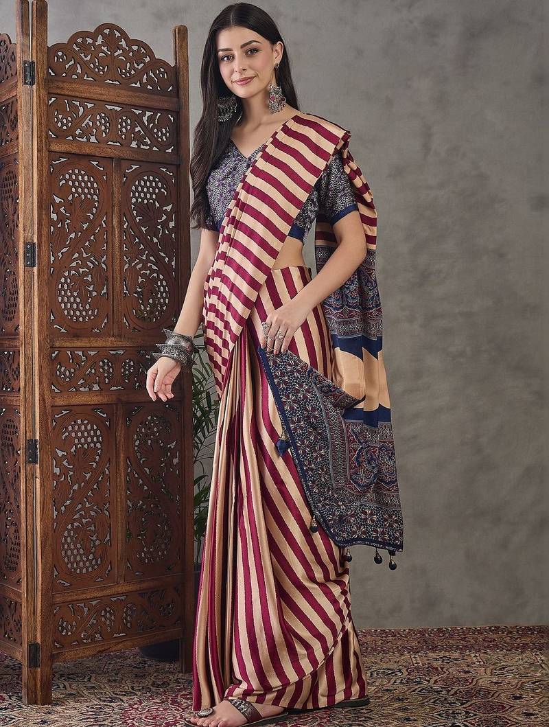 Pink striped silk blend saree
