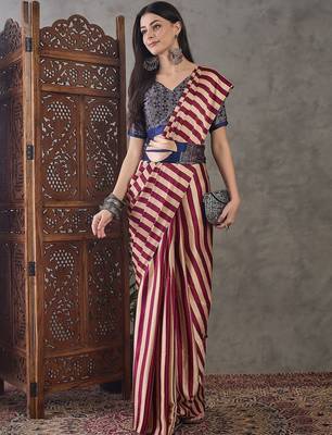 Pink striped silk blend saree 3