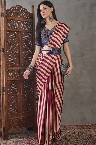 Pink striped silk blend saree