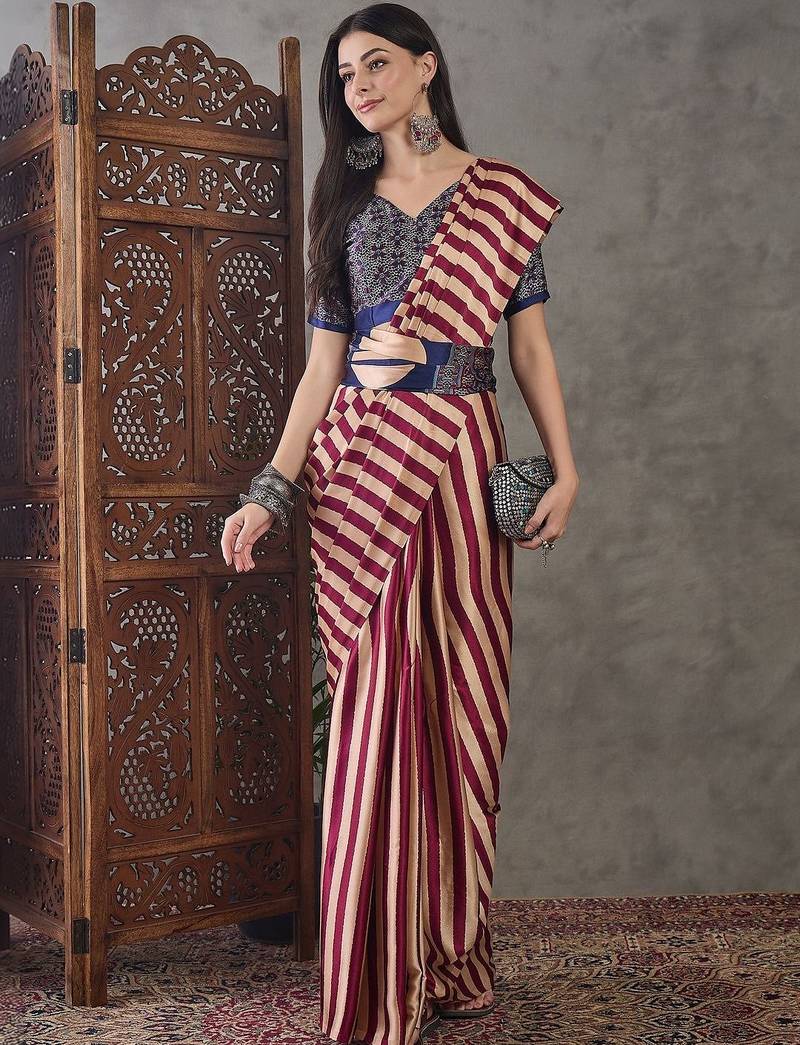 Pink striped silk blend saree