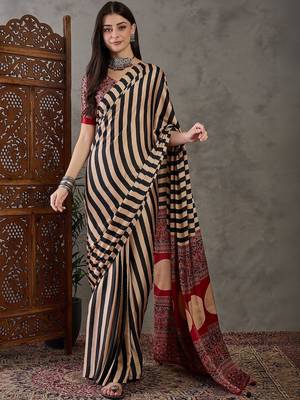 Beige striped silk blend saree 1