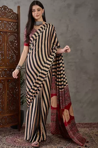 Beige striped silk blend saree