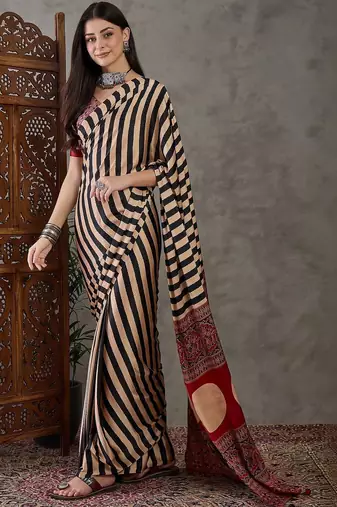 Beige striped silk blend saree