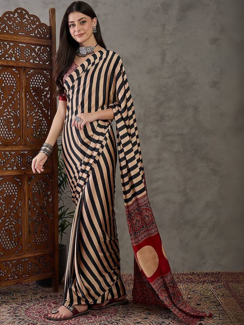 Beige striped silk blend saree