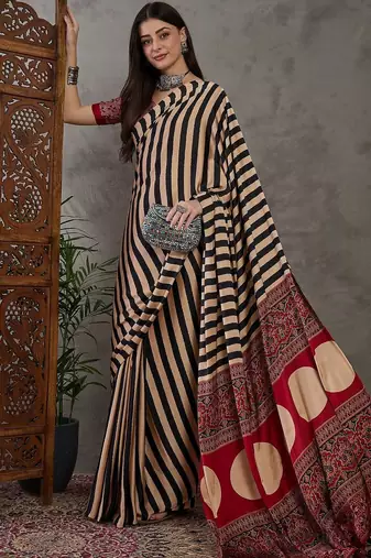 Beige striped silk blend saree