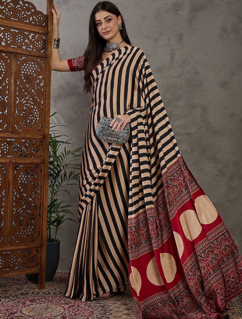 Beige striped silk blend saree