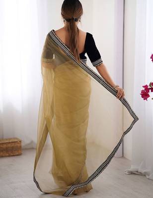 Mustard embroidered sequinned border net saree 4