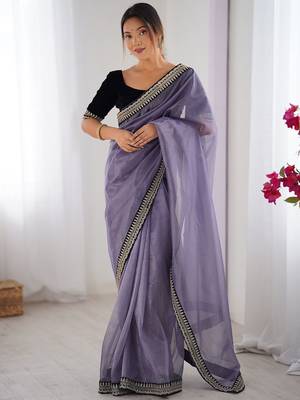 Lavender embellished sequinned net designer saree 1
