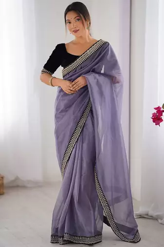 Lavender embellished sequinned net designer saree