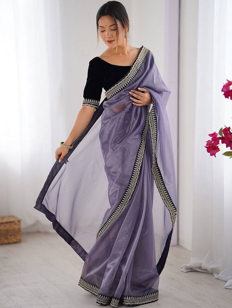 Lavender embellished sequinned net designer saree