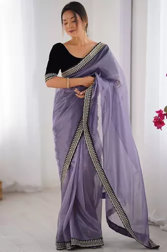 Lavender embellished sequinned net designer saree