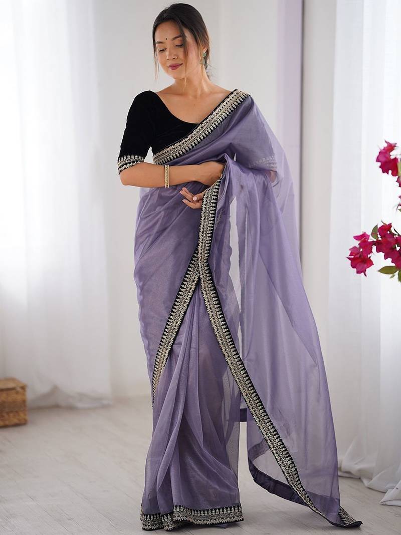 Lavender embellished sequinned net designer saree