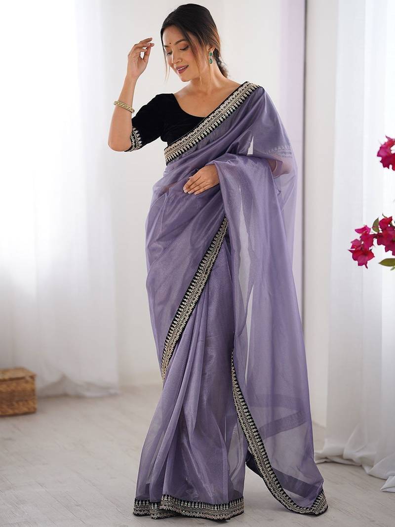 Lavender embellished sequinned net designer saree
