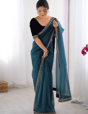 Blue embellished sequinned net designer saree 1